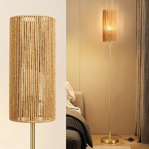 Ruiever Floor Lamp for Living Room,Farmhouse Floor lamp,Modern Standing lamp with Hand-Worked Rattan Shade (Straight Line Rattan Shade Gold Lamp- 3 Color Bulb) - style: Straight Line Rattan Shade Gold Lamp- 3 Color Bulb