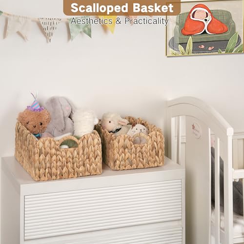 iEGrow Scalloped Wicker Basket, Set of 2 Woven Rattan Natural Water Hyacinth Baskets with Built-in Handles, Rectangle Storage Baskets for Organizing, Decor, Shelf and Nursery Room - size: Rectangle