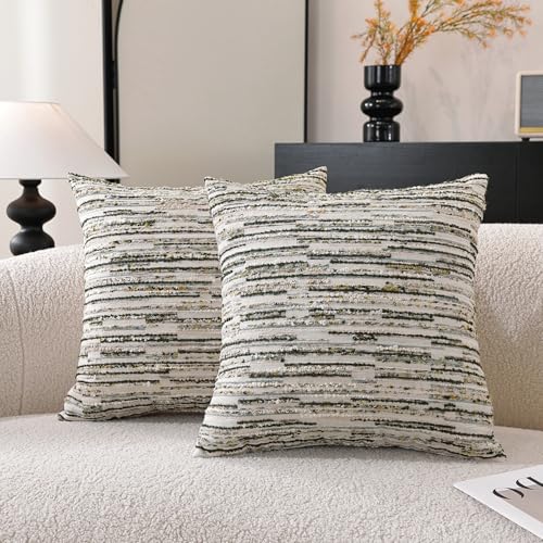 Striped Throw Pillow Covers 22x22 Set of 2 Green Textured Bouclé Chic Modern Boho Accent Farmhouse Decorative Chenille Pillow Covers for Home Decor Bed Sofa Living Room - color: Green, size: 22" x 22" (Pack of 2)
