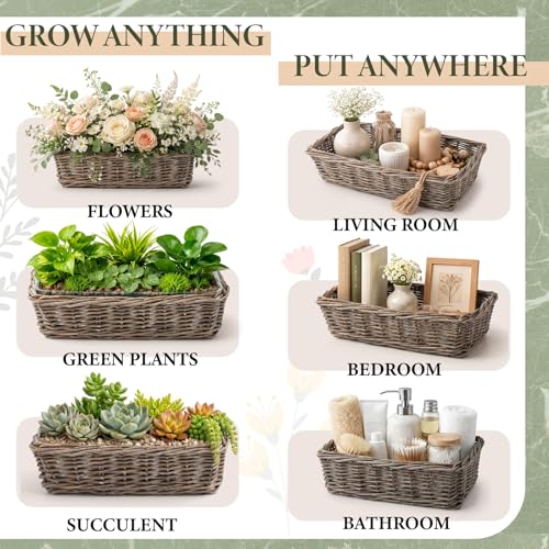 Dandat 1 Set Rectangular Wicker Planter Box for Centerpieces Rattan Planter Basket Kit with Floral Foam & Clear Plastic Liners for Wedding Table Decor, Gardening & Home Decoration