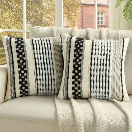 FUTEI Pack of 2 Boho Chenille Decorative Throw Pillow Covers 18x18 Inch Soft Plush Tufted Striped Textured Cushion Case,Farmhouse Accent for Couch Bed Living Room, Black White - color: Black+white, size: 18" x 18" (Pack of 2)