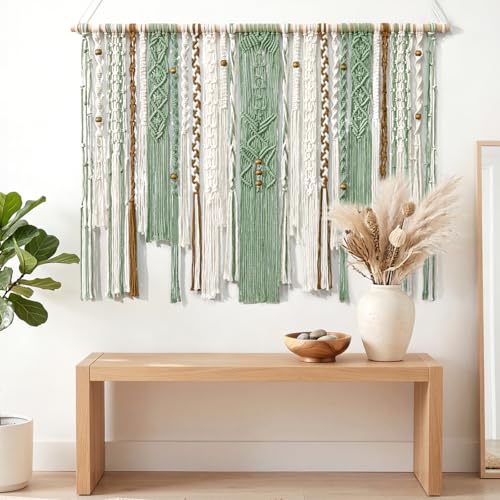 MEIVINES Macrame Wall Hanging Large Wall Art Handmade Woven Tapestry Boho Tapestry Macrame Wall Decor Art Home decoration for Living Room Bedroom Apartment Dorm Wedding Party 38" x 29" - color: Light Green