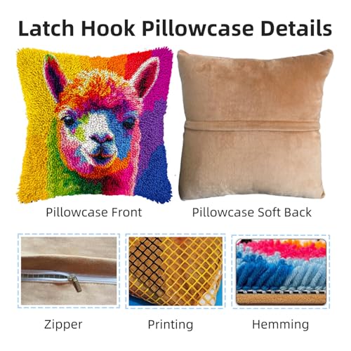 DIY Latch Hook Pillow Kits for Adults Rainbow Alpaca Printed Pillowcase Crochet Yarns Hooking Handmade Pillow Cover Cushion for Home Sofa Decoration 17x17inch-4 - color: 06-Rainbow Alpaca