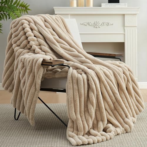 Amélie Home Faux Fur Throw Blanket for Couch, Cozy Fuzzy Fluffy Fur Luxurious Soft Striped Plush Gift Blankets for Family Sofa Chair Bedroom, 55"x70", Beige - color: Striped Beige, size: Throw(55"x70")