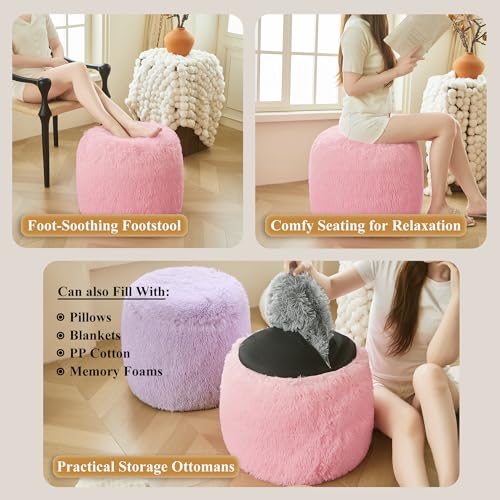 XeGe Fluffy Faux Fur Inflatable Pouf Ottoman, Cozy Shaggy Fuzzy Foot Stool, Plush Furry Foot Rest Floor Pouf Anti-Slip Kid Girl Adult, Foldable Round Ottoman Cushion for Living Room Bedroom, Pink - color: Pink, size: 20"x20"x16"
