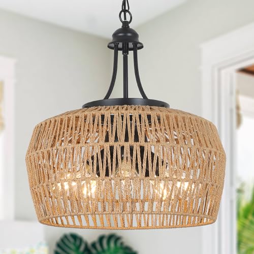 HMVPL Large Farmhouse Chandeliers for Dining Room, 5-Light Rattan Boho Chandelier Light Fixture with Wicker Lampshade, Coastal Hanging Pendant Lighting for Kitchen Island Bedroom Living Room Nursery - color: Brown, size: 5-Lights (D)18.1 in
