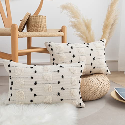 LIGICKY Boho Lumbar Pillow Covers Decorative Woven Throw Pillows Rectangle Pillow Sham Black and Beige Off White Pillowcase for Couch Sofa Bed Car 12x20 Inch - color: Dot, size: 20" x 12" (Pack of 1)