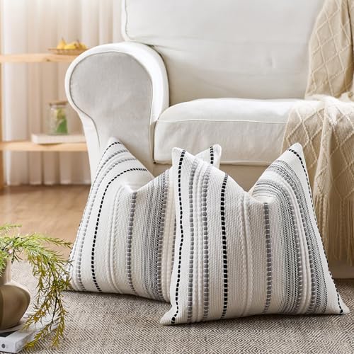 Boho Pillow Covers 18x18 Inch White Black Grey Striped Farmhouse Decorative Accen Throw Pillow Covers Boho Cushion Case for Bed Sofa Couch Home Decor Set of 2 - color: Black Grey White