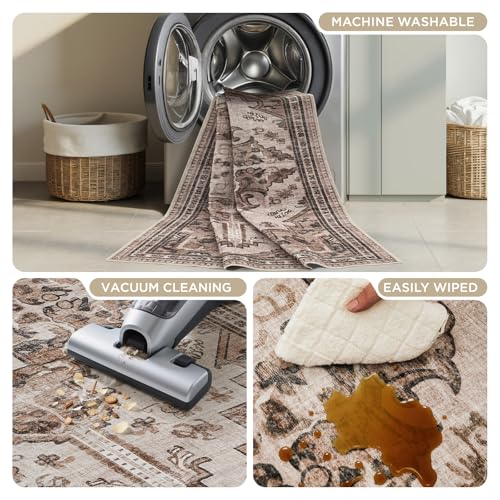 Joydeco Washable 2x5 Hallway Runner Rug Vintage, Blue Grey&Light Coffee | Water Resistant Low Pile Non Slip Backing for Kitchen Entryway Bedroom Bathroom Dining Room - color: Light Coffee, size: 2' x 5' (Rectangular)