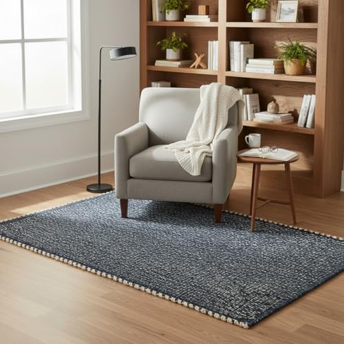 Navy 4X6 Jute Rug Braided Construction - Farmhouse Woven Carpet - Nautical Floor Covering for Bedroom Laundry Room, 4' x 6' - color: Navy, size: 4' x 6'