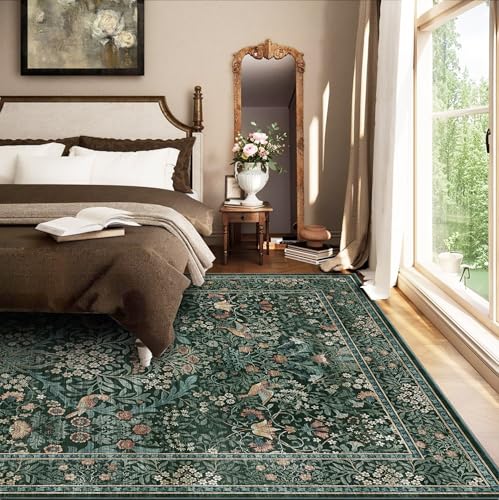 5x7 Floral Washable Area Rug for Living Room, Vintage Boho Rugs for Bedroom Dining Room, Botanical Birds Non Slip Low Pile Forest Throw Carpet for Farmhouse Office, Retro Green/Blue - color: Dark Green (Larger Pattern), size: 5' x 7' (Rectangular)