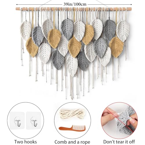 KHOYIME Large Macrame Wall Hanging Boho Woven Tapestry, Chic Modern Home Decor Bohemian Farmhouse Handmade Leaf Feather Wall Art Decorations for Living Room Bedroom Nursery Dorm Backdrop 39"W X 29.5"L - color: Yellow-39"W x 29.5"L