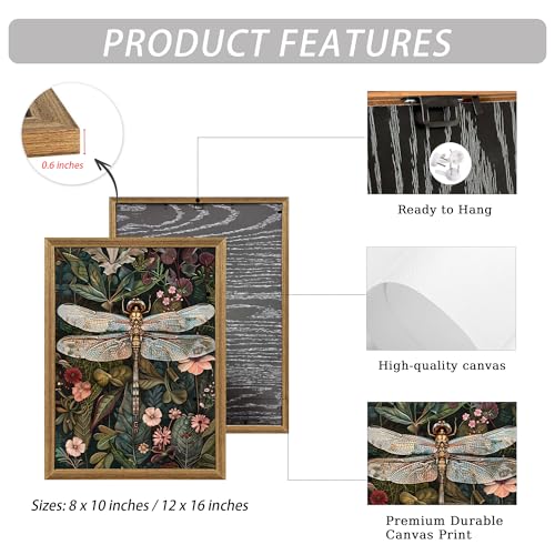 ICHZUMW William Morris Vintage Dragonfly Canvas Wall Art Framed, Green Botanical Wall Decor Pictures for Bedroom Living Room, Colorful Nature Painting Artwork Prints, Rustic Home Decorations, 12x16in - color: Dragonfly, size: 16"L x 12"W