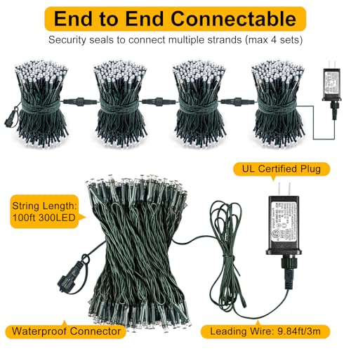 Blue Christmas Lights Outdoor, 100FT 300 LED String Lights for Outside Waterproof with 8 Modes, Plug in Connectable Fairy Light Green Wire for Indoor House Patio Yard Holiday Decorations - color: Blue, size: 100FT 300 LED