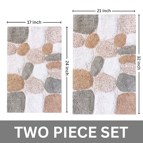 Ramanta Home Pure Cotton Pebble Stone Bathroom Mat Set of 2 - Grey Beige, Super Soft Anti Skid Absorbent Bath Rug Set for Bathroom, Kitchen, Machine Washable Bathrugs - 21x32 & 17x24 Inch - color: Grey Beige, size: 21" x 32" & 17" x 24" (Set of 2)