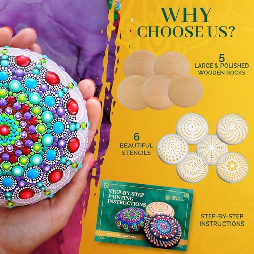 Mandala Rock Painting Kit – Mandala Dotting Tools Set - 5 Large Wooden Rocks + 6 Stencils + Acrylic Paints - Relaxing Arts and Crafts for Adults Women - DIY Hobbies Art and Projects Dot Art Kit