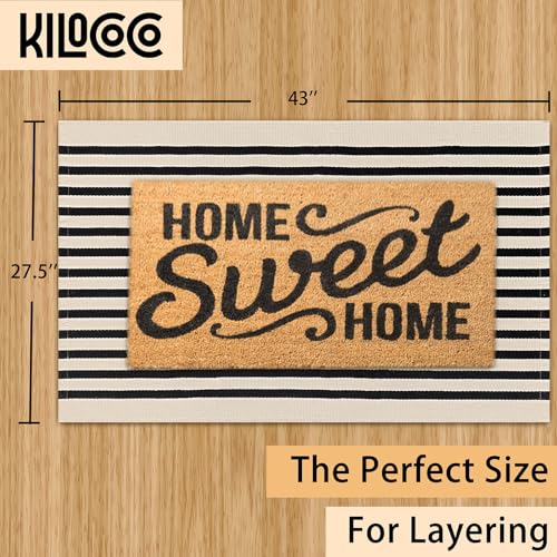 KILOCOCO Beige Striped Rug 2.3'x3.6' Indoor Outdoor Rugs Front Door Mat Hand Woven Cotton Washable Striped Layered Doormats for Front Porch/Kitchen/Farmhouse/Entryway/Patio - color: Light Beige and Black Stripe, size: 2'4" x 3'7" (Rectangular)