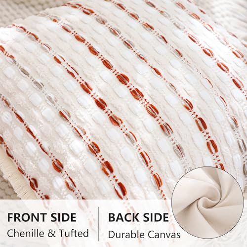 LUOYEHK Chenille Striped Throw Pillow Covers 18x18 Inch Set of 2 Boho Decorative Pillowcases with Fringe Farmhouse Neutral Orange White Cushion Covers for Couch Sofa Bed Living Room - color: Orange White, size: 18" x 18" (Pack of 2)