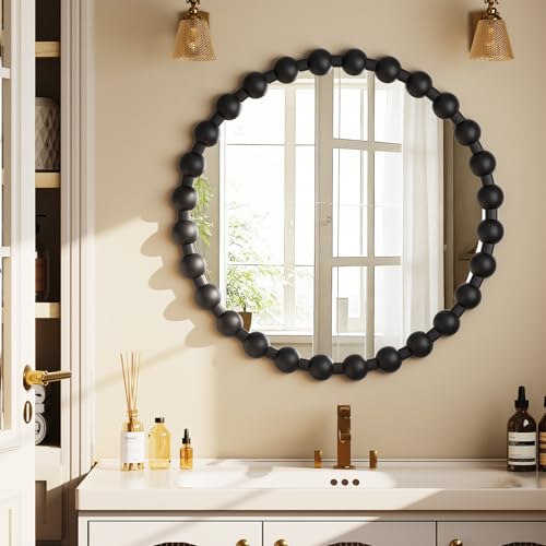 Easly Round Mirror for Wall, 24 Inch Black Beaded Frame Decorative Vanity Mirror, Circle Bathroom Mirror with High-Definition Lense, Modern Wall Decor for Bathroom, Living Room, Bedroom, Entryway - color: Black, size: 24"L x 24"W