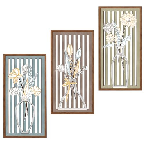 BINCUE 3 Pcs Boho Flower Wall Decor,Modern Floral Wall Art Botanical,Bohemian Floral Hanging Decor Abstract Minimalist Wildflower Wooden Art for Living Room Bedroom Office 7.9 x15.8 Inch - color: Colourful Flower A