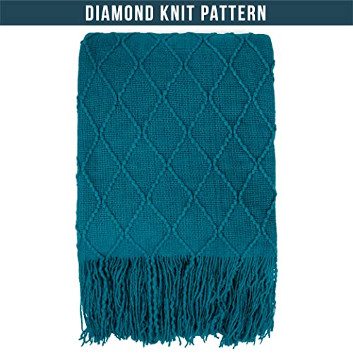 PAVILIA Teal Blue Knit Throw Blanket for Couch Bed, Soft Knitted Farmhouse Sofa Throw for Living Room, Lightweight Decorative Summer Throw Blanket for Chair, Outdoor Textured Boho Blanket, 50x60 - color: Teal Blue, size: 50 X 60 Inches - Throw