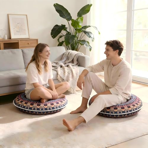 LOVMOC 32 Inch Round Floor Pillow for Adults Set of 2, Large Thick Memory Foam Boho Mandala Meditation Floor Seating Cushion, Machine Washable for Living Room Outdoor Yoga Floor Sitting, Blue - color: Blue, size: 2 Count (Pack of 1)