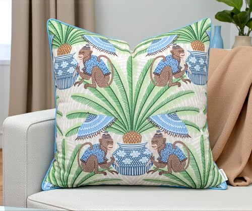 VAGMINE Chinoiserie Monkey Palm 20x20 Inch Throw Pillow Cover - Green Blue Pineapple Ginger Jar Print on Textured Polyester - Cushion Case for Couch Sofa - Tropical Decor - color: Tropical Palm Monkey, size: 20" x 20" (Pack of 1)