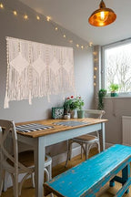 kiido Large Macrame Wall Hanging 47"×33" Boho Tapestry Woven Wall Decor- Cotton Tassel Macrame Curtain Beige Chic Bohemian Wall Art for Home Living Room Bedroom Dorm Wedding (Includes Hanging Rod)