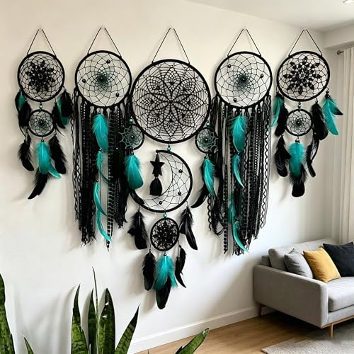 Set of 5 Boho, Hanging Large Boho Dream Catcher Wall Hanging Moon Dream Catcher Set Dream Catchers Wall Decor for Vintage Wedding Home Decorations (Black Blue) - color: Black Blue