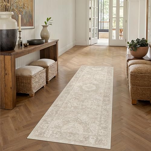 PureCozy Beige Runner Rug 2x6 Hallway Washable Vintage Carpet for Kitchen Non Slip Soft Low Pile Indoor Retro Oriental Medallion Accent Throw Long Rug Rug for Bathroom Laundry Dining Room - color: Beige, size: 2' x 6' (Runner)