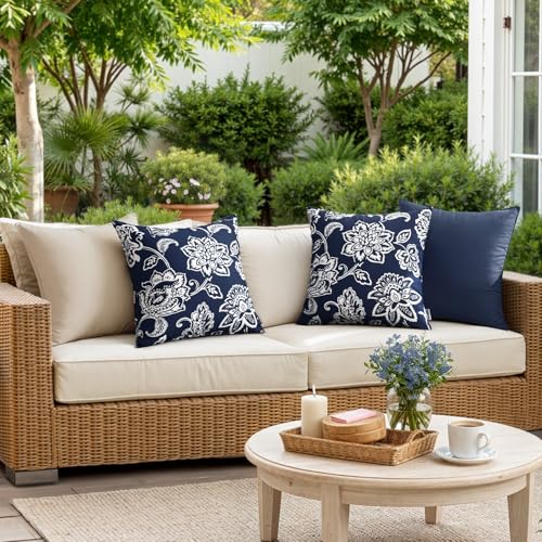 Decorative Outdoor Floral Pillow Covers Set of 2,Waterproof Boho Farmhouse Throw Pillows Summer Coastal Accent Pillowcases for Patio Furniture Garden Sofa 18x18 Inch, Navy Blue - color: Navy Blue