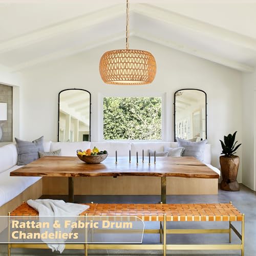 18" Rattan Farmhouse Chandeliers for Dining Room,3-Light Hand-Woven Rattan Chandelier,Fabric Shade Boho Chandelier Pendant Light fixture Drum Chandelier Hanging Lights for Bedroom Kitchen Island - color: 18"-Natural-Chain