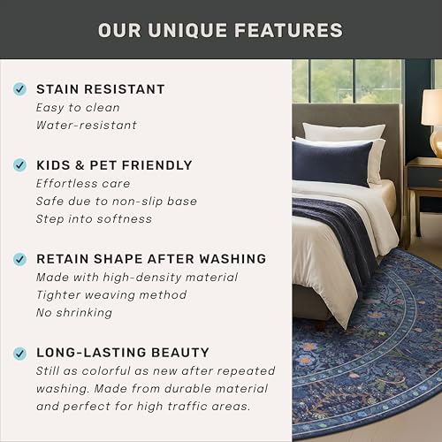 8ft Dark Blue Washable Living Room Rugs,Non Slip Big Round Area Rug for Dining Room, Non Skid with Rubber Backing, Boho Navy Blue Carpet for Bedroom Under Bed - color: Dark Blue, size: 8' (Round)