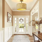 13"Rattan Ceiling Light Fixture Flush Mount, 2-Light Boho Rattan Hand-Woven Ceiling Light Fixtures Drum Wicker Chandelier Light Fixture for Dining Room Bedroom Living Room Hallway Foyer Kitchen - color: 13”Brown