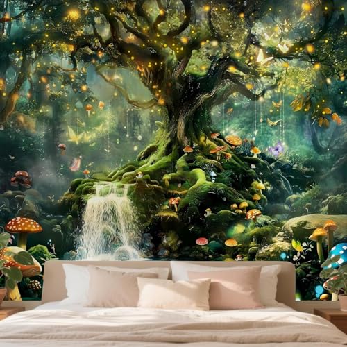 Tichgeim Forest Nature Tapestry Wall Hanging for Bedroom, Green Fantasy Tree of Life Backdrop Tapestries, Fairy Magic Mushroom Landscape Wall Mural Decor for Living Room Dorm 79" x 60" - color: Forest Tapestry, size: 79"L x 60"W