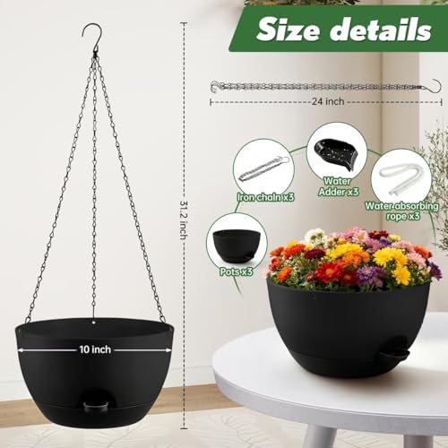 3-Piece Set of 10-Inch Hanging Planters with Automatic Watering System and Drip Tray, Includes Metal Chain, Suitable for Various Indoor and Outdoor Plants and Flowers,Black - color: Pure Black, size: 10 inch