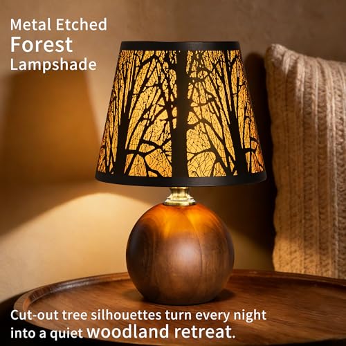 11.4" Rustic Forest Small Table Lamp, Solid Wood Base & Metal Tree Shade with 3-Color Stepless Dimmable Bedside Lamp, Nightstand Light for Bedroom & Living Room, Bulb Included - color: Forest Shade + Solid Wood Base
