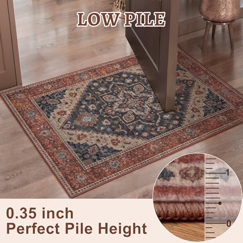 Tangsoo 2x3 Washable Rug for Entryway, Vintage Non Slip Small Area Rug, Indoor Front Door Rug, Print Door Mat Small Carpet, Soft Low Pile Rugs for Entrance Kitchen Bedroom Dark Blue/Orange - color: Rust/Dark Blue, size: 2' X 3' (Rectangular)