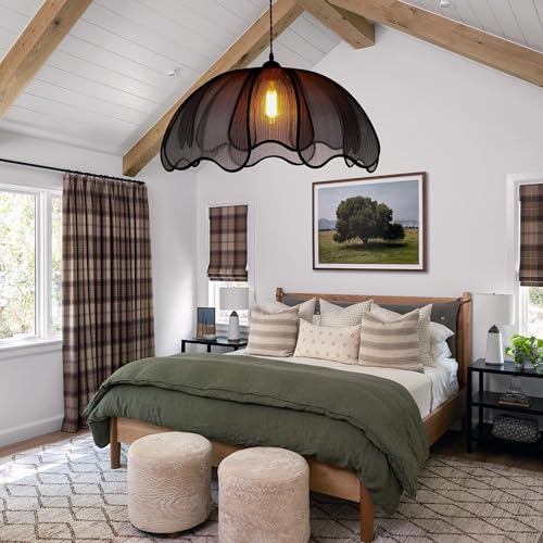 Farmhouse Chandelier Light Fixture, 1-Light Rattan Boho Chandeliers for Dining Room, Hand Woven Pendant Light with Linen Shade, Rustic Hanging Lighting for Kitchen Island, Bedroom