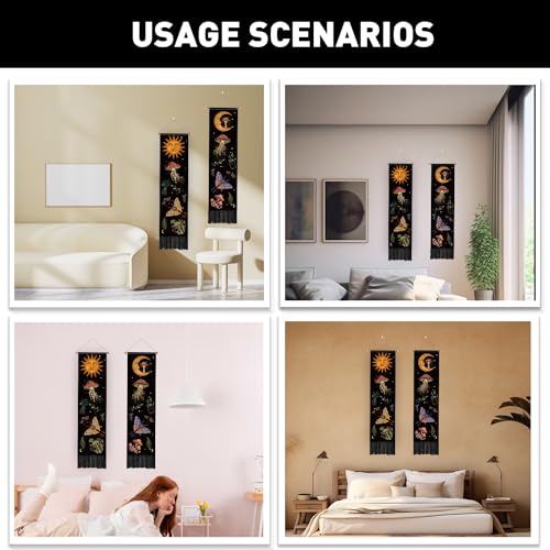 PLIGREAT 2 Pack Mysterious Art Mushroom Tapestry Vertical Boho Sun Moon Wall Hanging with Tassels Aesthetic Wall Tapestry for Bedroom Bathroom Living Room Long Narrow Wall Hanging Home Art Decor - color: Yellow and Purple