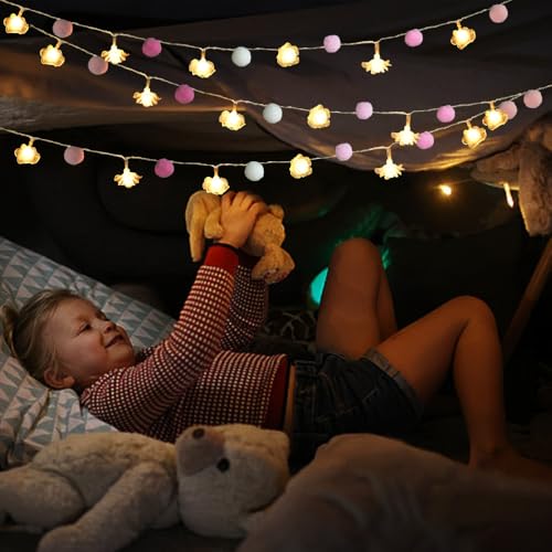 ChiRee 9.85Ft String Lights 20 Cute Pink Pompoms 20 LEDs Rose Fairy Lights Garland Battey Operated with Timer Flower Lights for Bedroom Kids Room Party Birthday Wedding Valentines Decorations - style: Pink-Rose
