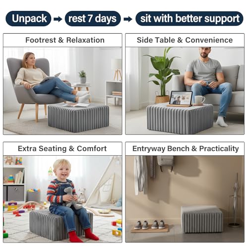 Tiita Suqre Stuffed Pouf Ottoman, Stripe Poufs 21×21×10 inch with Foam Chunk Filling, Floor Bean Bag Floor Chair Storage for Living Room Bedroom Home Decor, Grey - color: Striped Square Grey