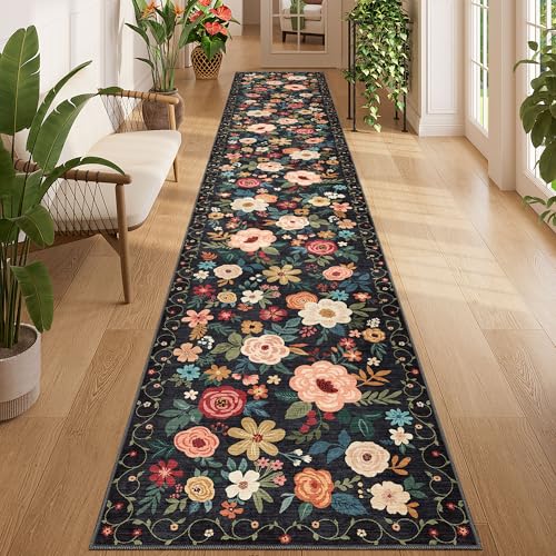 DUKINO 2x12 Washable Runner Rug, Ultra Soft Floral Runner Rug for Hallway, Boho Non Slip & Non Shedding Indoor Entryway Carpet for Kitchen, Laundry Room, Bathroom, Bedroom, Entrance, Black - color: Black, size: 2' x 12' (Rectangular)