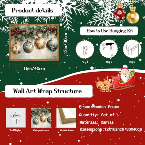Framed Vintage Christmas Canvas Wall Art, Vintage Christmas Ornament Ball Wall Decor Paintings, Rustic Winter Holiday Pictures Prints for Living Room Bedroom Home Decoration 12x16 inch - color: Christmas-1, size: 16"L x 12"W