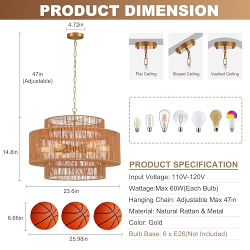 23.6" Large Rattan Chandelier Light Fixture,6-Light Hand-Woven Boho Light Fixture, 3-Tier Drum Wicker Chandelier for Dining Room, Bedroom, Kitchen Island, Foyer - color: Gold 23.6"