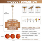 23.6" Large Rattan Chandelier Light Fixture,6-Light Hand-Woven Boho Light Fixture, 3-Tier Drum Wicker Chandelier for Dining Room, Bedroom, Kitchen Island, Foyer - color: Gold 23.6"