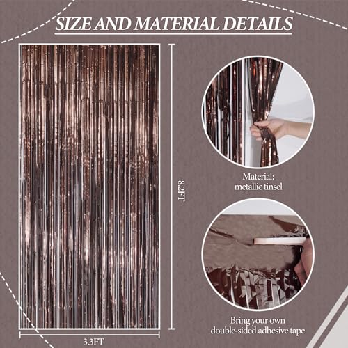 DECOCKRAT 3 Pack Foil Fringe Backdrop - Brown Shiny Tinsel Curtains for Party Decoration/Photo Booth Props - 3.3x8.2 FT Metallic Foil Backdrop for Birthday, Wedding, Graduation, Christmas. - color: Brown