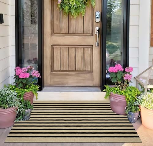 Front Door Mat Outdoor 2'x3',Black and Khaki Striped Outdoor Rug Washable Cotton Layered Door Mat Entryway Throw Rug for Indoor Entrance - color: Khaki Black, size: 2' x 3' (Rectangular)
