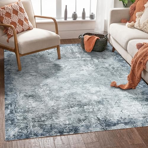 YARNSCAPE 3' x 5 ' Washable Area Rug - Low Pile Soft Vintage Indoor Rug for Living, Dining or Bedroom - Lightweight Carpet with Non-Slip Backing - Foldable for Easy Placement, Blue - color: Texture-blue, size: 3' x 5' (Rectangular)