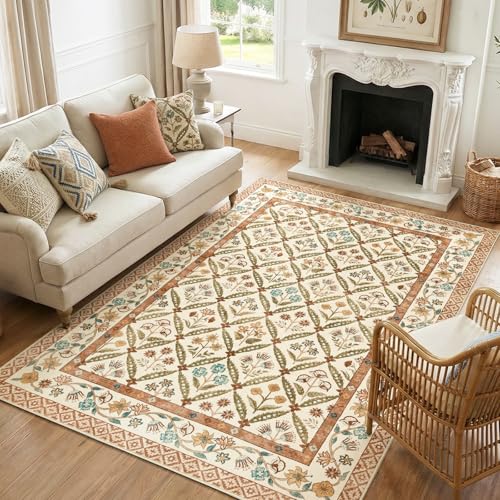 jinchan Haden 5x7 Vintage Floral Area Rug for Living Room Bedroom Soft Non-Slip Low Pile Washable Cottage Decor Dining Room Home Office Girls Dorm Carpet Terracotta - color: Terracotta, size: 5' x 7' (Rectangular)